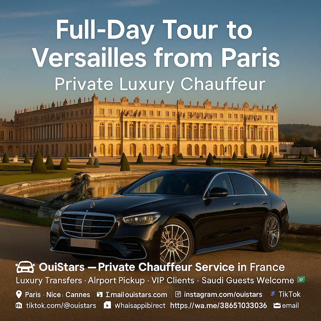  A luxury black Mercedes V-Class van is parked in front of the Palace of Versailles, with the grand palace and its gardens visible in the background. A Gulf Arab family and a European couple are stepping out, greeted by a professional chauffeur in a suit. Everyone looks excited, ready for a day tour. English text on the image: “Versailles Day Tour – OuiStars Private Chauffeur.”
