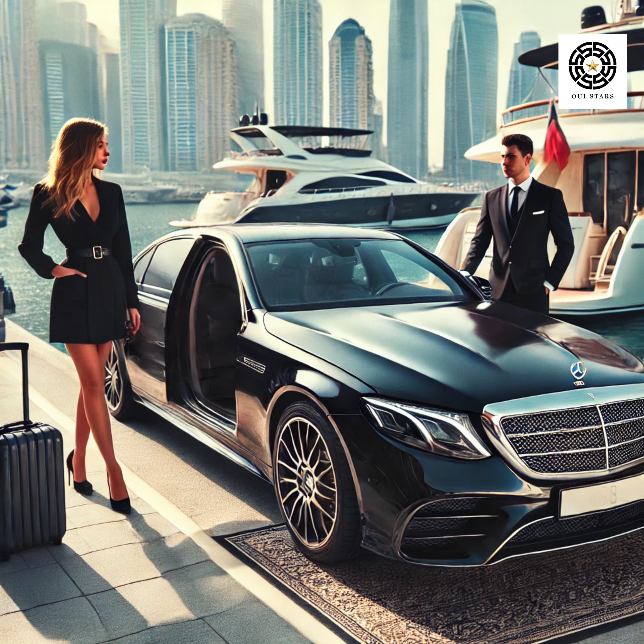 well-lit historic building with classic European architecture. A black luxury car, possibly a Mercedes-Benz, is parked in the foreground. A well-dressed man in a black suit and tie stands beside the car, exuding elegance and professionalism. The logo in the upper right corner reads "OUI STARS," which suggests a premium chauffeur or luxury service. The overall aesthetic conveys sophistication, exclusivity, and high-end service.